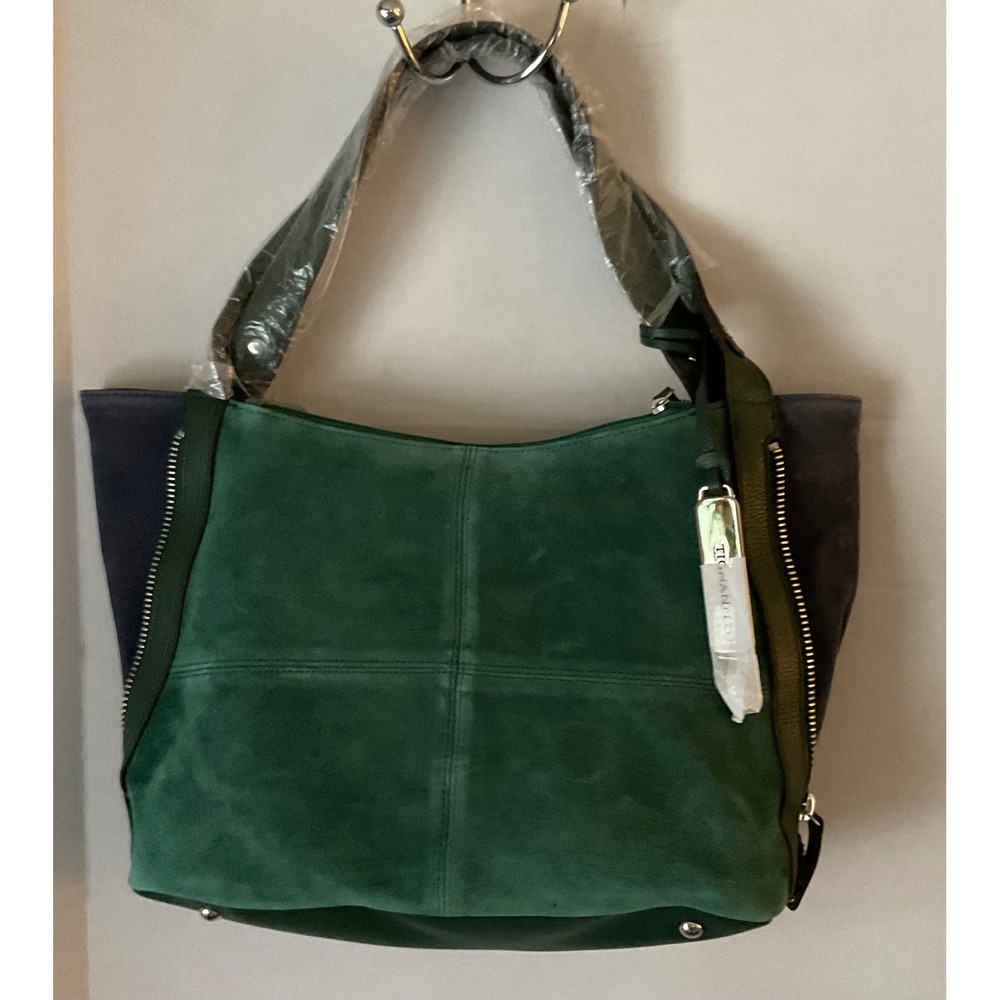 Tignanello Suede Colorblock Shopper Emerald Green Navy Side Zip  NEW - Picture 7 of 11